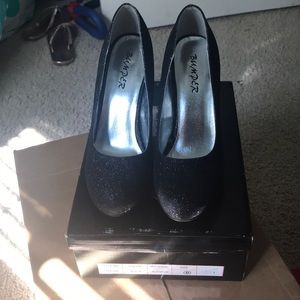 Black glitter platform heels